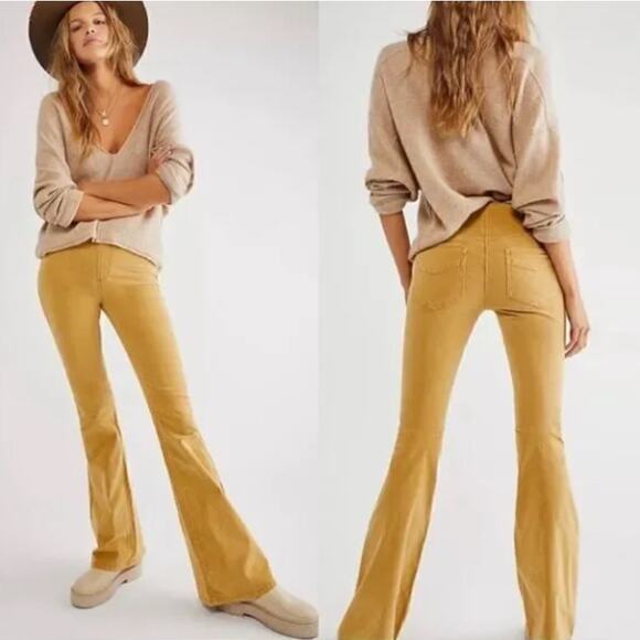 FREE PEOPLE We The Free Pull On Corduroy Flare Pant Hayloft Yellow Sz 27 {S19} - Picture 1 of 5